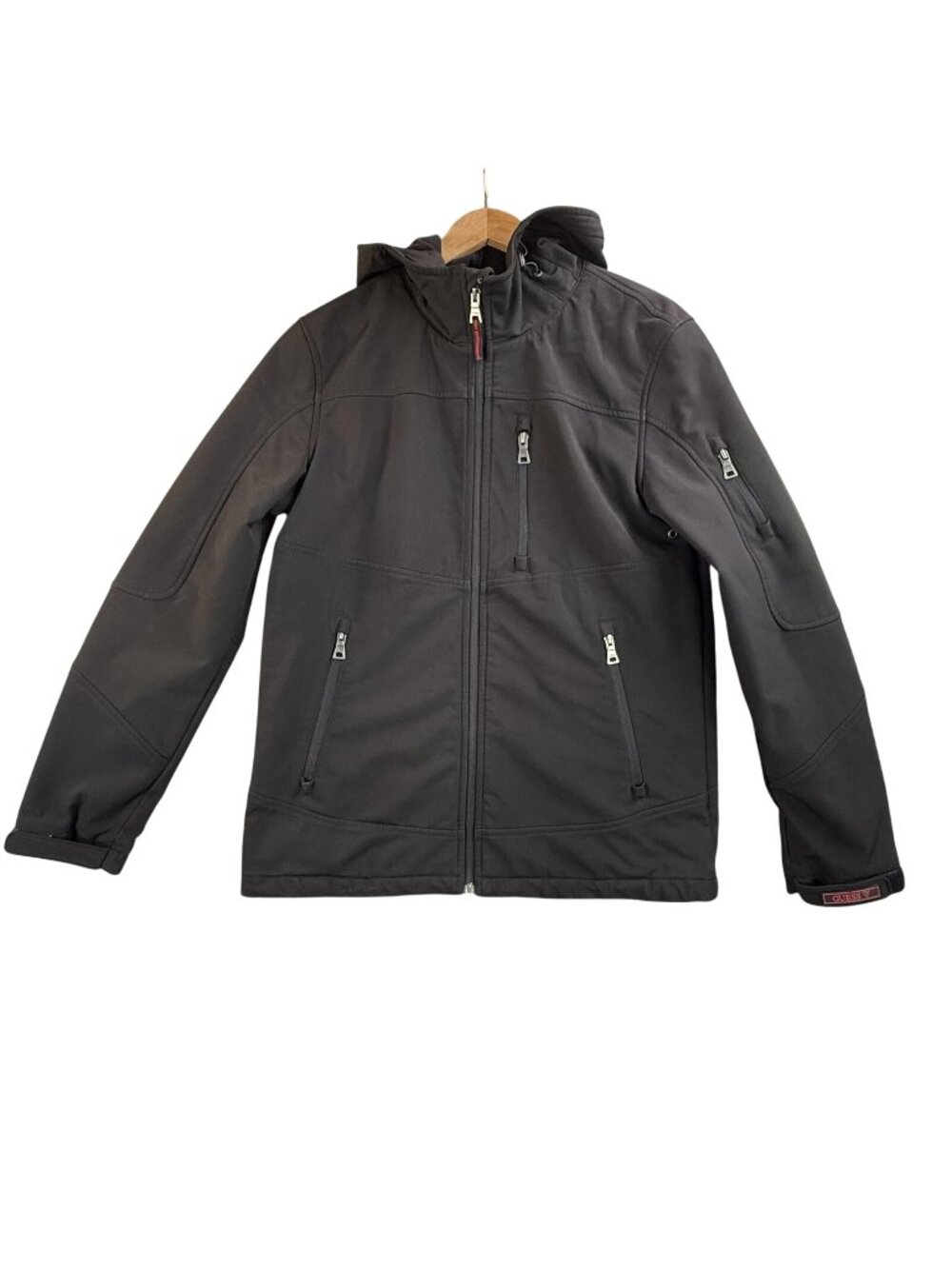 Guess Jacket Mens Small Black Softshell Hooded Full Zip Pockets 11JLK3007 Preppy